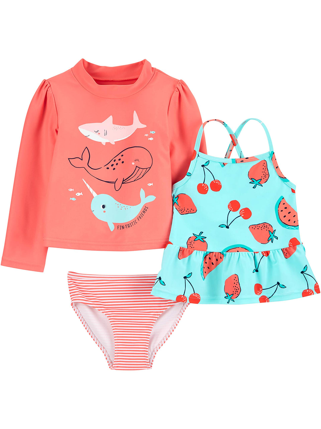 Simple Joys by Carter's Baby-Mädchen Rash-Guard-Set, 3 Jahre Orange Meereswelt/Rot Früchte/Stre