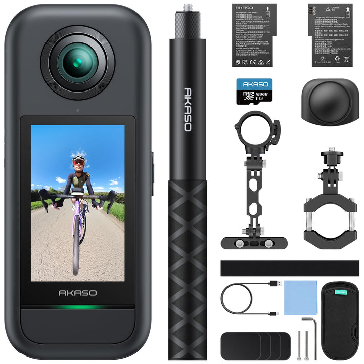 AKASO 360° Action Cam Fahrrad-Set - 5.7K 72MP 360 Grad Actionkamera mit 128GB Speicherkarte Duale 1/