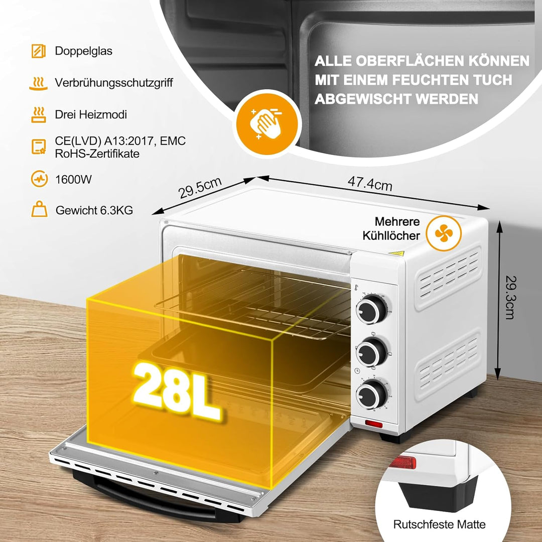 WOLTU Mini Backofen 25 Liter, 1400 Watt Toasterofen | Pizzaofen | Krümelblech mit Timer Minibackofen