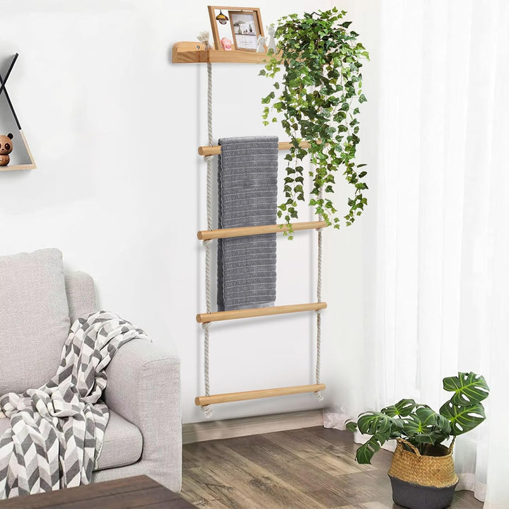 5-Schicht Handtuchhalter Wand Montage, 2-in-1 Multifunktionales Holz Handtuchständer Badezimmer, Han