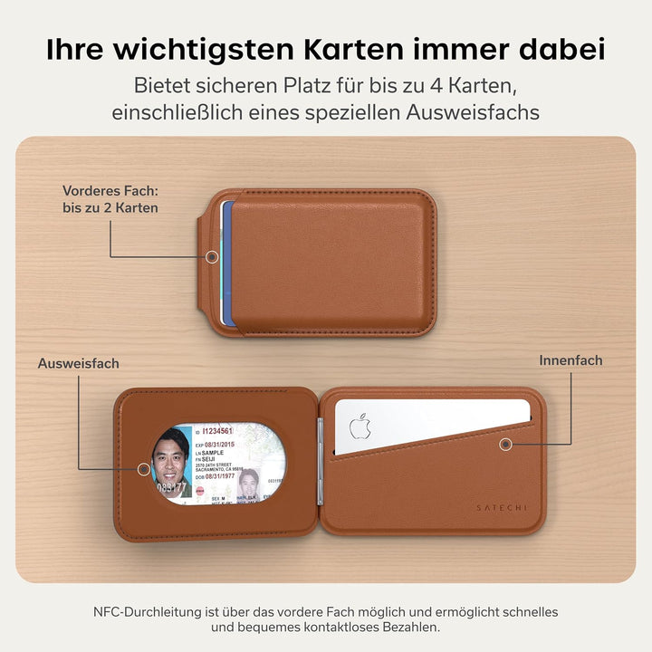 SATECHI Magsafe Wallet und Double Flap Stand mit Magnetfunktion, iPhone Wallet mit 4 Kartenfächern,