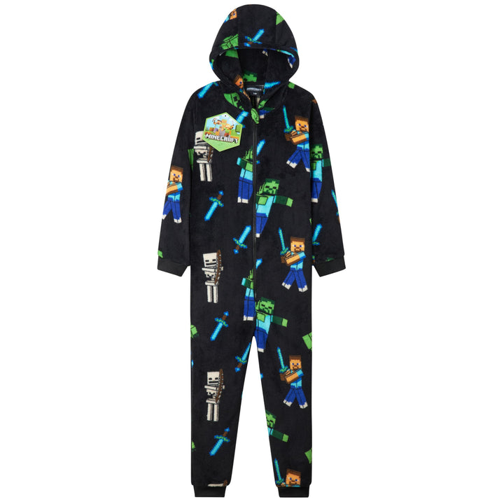 Minecraft Fleece Jumpsuit Kinder Jungen Schlafoverall mit Kapuze, Gamer Geschenke für Kinder Teenage