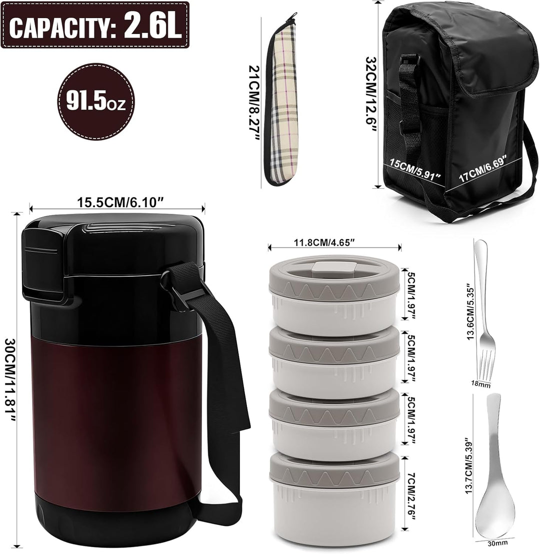 KATLKIU Thermobehälter Essen mit 4 Einzelnen Trennbehältern, Isolier-Lunchbox Edelstahl 2.6L, Auslau
