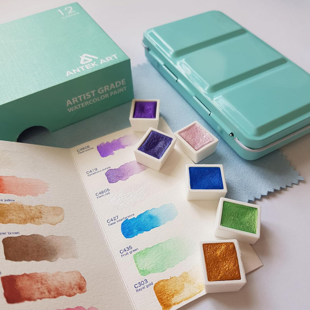 ANTEK ART® Aquarellfarben Set [12x Metallic Glitzerfarben] – Aquarell Set unterwegs im Metallkoffer