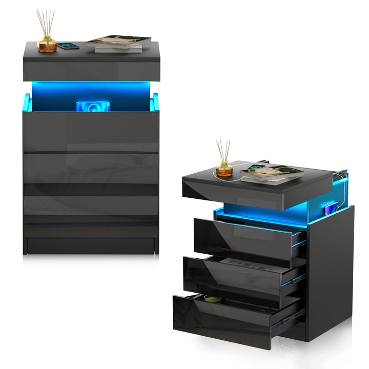 Lvhcmfohm Nachttisch Schwarz 2er Set, Nachtschrank mit Led Licht und Steckdose, Nachtkommode mit 3 S