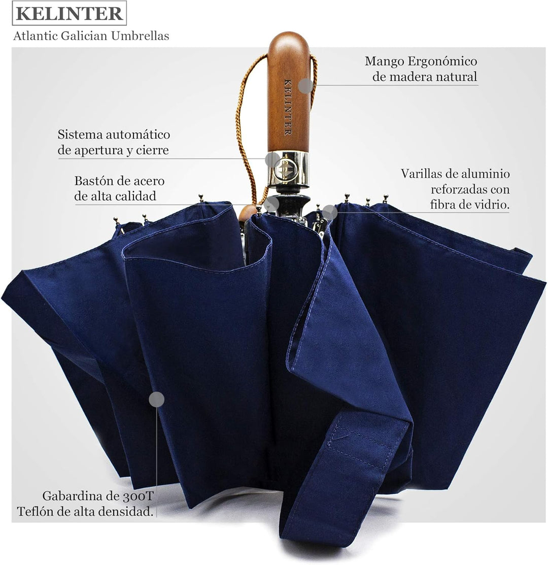 Automatischer Klappschirm - 10 Verstärkte Streben, Teflon 300T, Windsicher, Holzgriff Ergonomisch, K