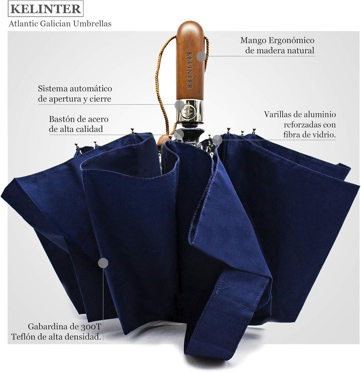 Automatischer Klappschirm - 10 Verstärkte Streben, Teflon 300T, Windsicher, Holzgriff Ergonomisch, K