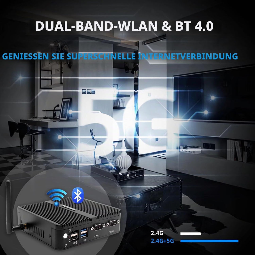 WEIDIAN Lüfterloser Mini PC Windows 10 Pro Quad Core Celeron J4125, 8GB DDR4 RAM 128G SSD, 4K HDMI/V