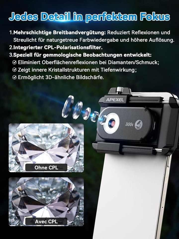 APEXEL 300X Smartphone Mikroskop - Professionelle Trichomanalyse & Mikrowelt Erkundung 300X Mikrosko