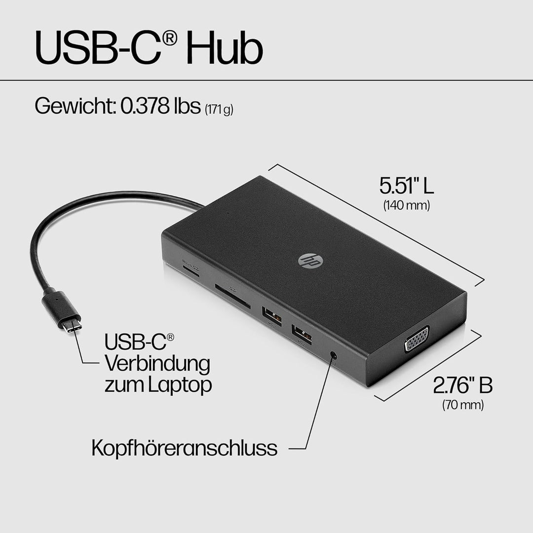 HP 235N8AA USB-C Reisehub G2 (USB Hub, USB C hub, 4 Ports, 2x USB-A, HDMI, VGA) schwarz