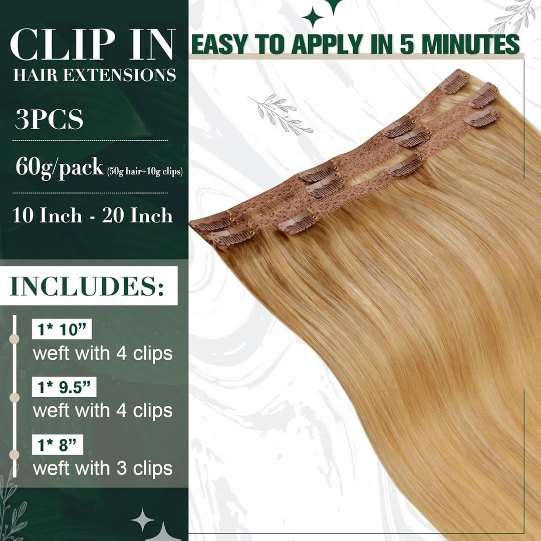 RUNATURE Remy Clip Extensions Echthaar Highlighted Blond 35cm Clip Echthaar Haarverlängerung Unsicht
