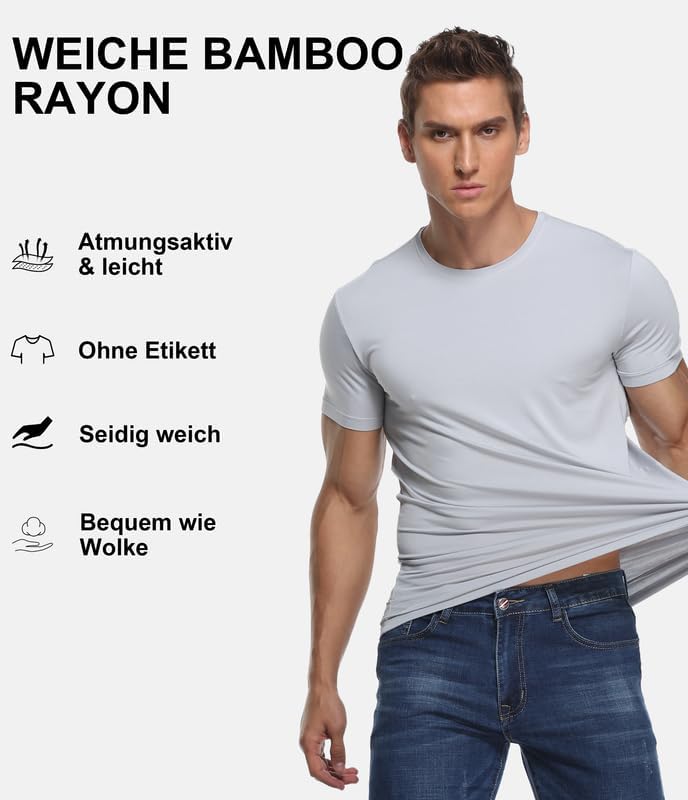 COLORFULLEAF 3/5er Pack Bambus Rundhals T-Shirt Herren Stretch Unterziehshirt Männer Einfarbig Busin