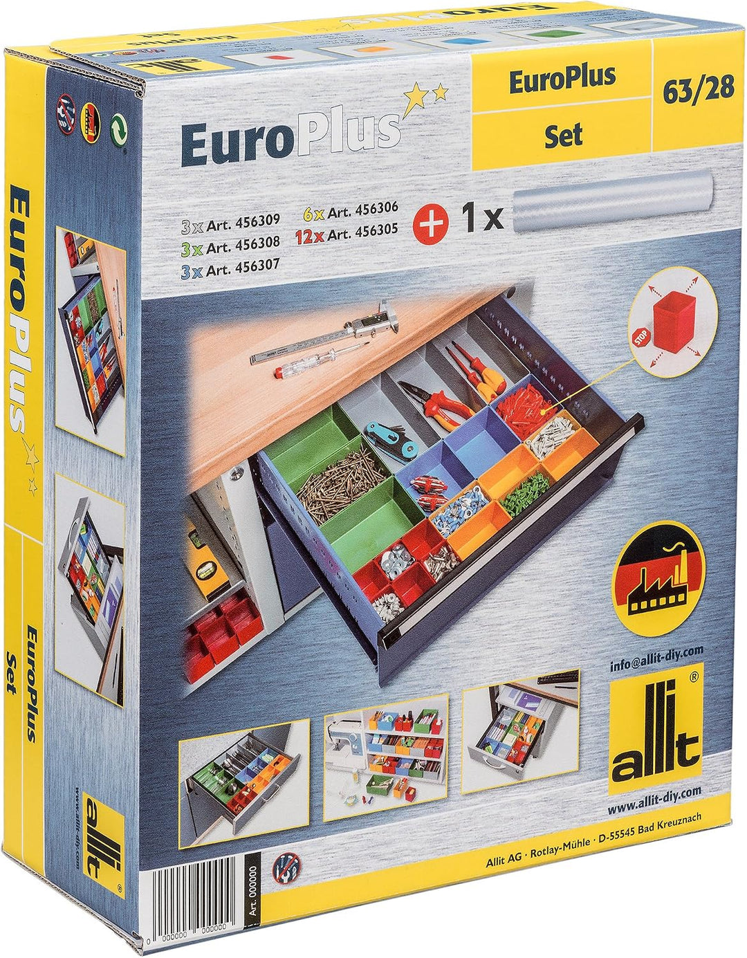 Allit 457370 Schubladen rot/gelb/blau/grün/grau EuroPlus Set 63/22, 450 x 500 x 63mm 450 x 500 x 63m