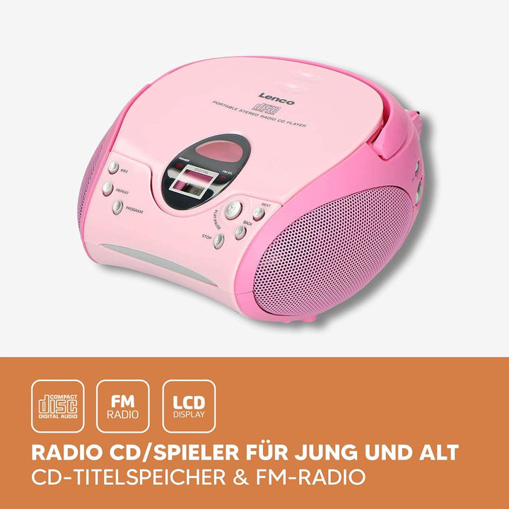 Lenco SCD-24 Stereo UKW-Radio mit CD-Player und Teleskopantenne rosa ohne Bluetooth pink, ohne Bluet