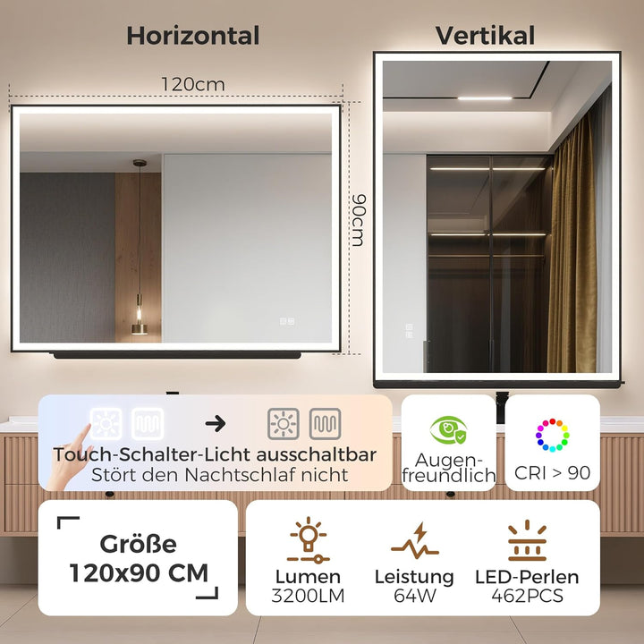 STARLEAD 90 x 120 cm Badespiegel-mit-Beleuchtung & Ablage, Entnebelung, Dimmbar, 3 Farbene Badzimmer