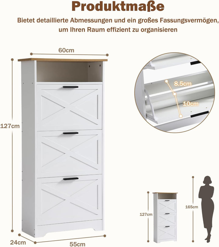 Farmhouse Schuhschrank mit 3 Klappschubladen, Schlankes Schuhregal für den Eingangsbereich, Schuhreg