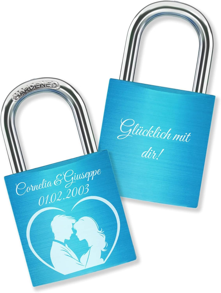 Liebesschloss mit Gravur + 2 Schlüssel - Hellblau - frei gestaltbar mit vielen Farben, Pärchenmotive