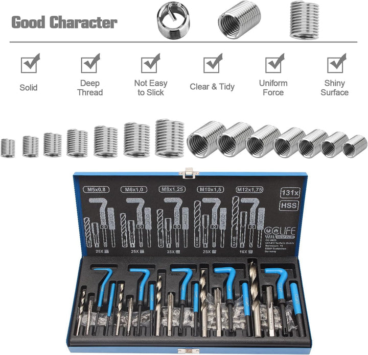 CCLIFE 131-tlg Gewindereparatur Gewinde Reparatur Satz mit M5 M6 M8 M10 M12 | Einsätze, Gewinderepar