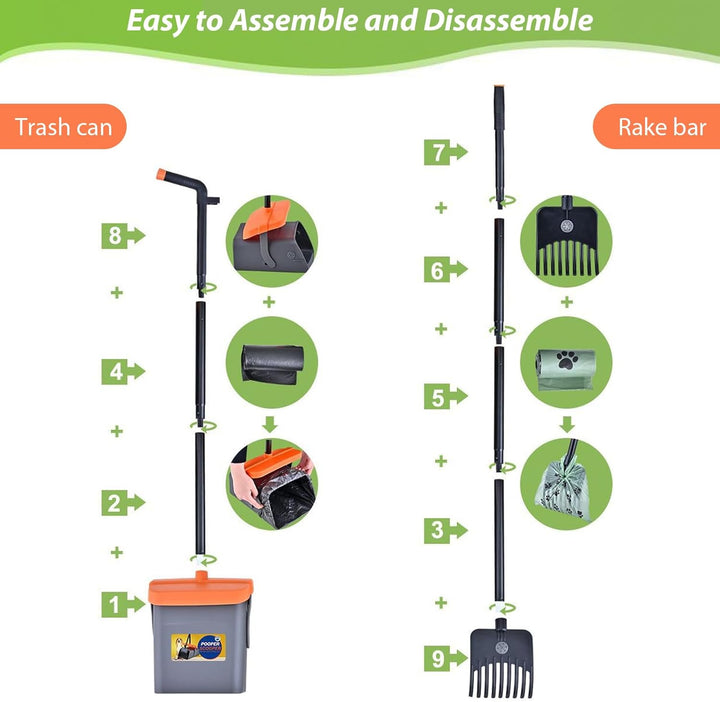 Hundekotschaufel, 117cm Kotschaufel mit Schwenkbehälter und Rechen für Grosse, Mit 35 Abfallbeuteln,