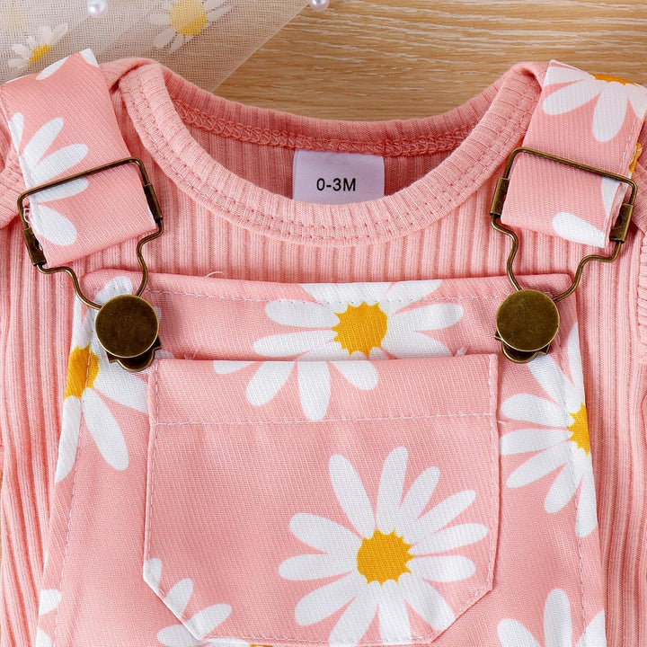 Neugeborenes Mädchen Kleidung Gänseblümchen-Aufdruck Gerüschtes Oberteil mit Hosenträgerhose und Tas