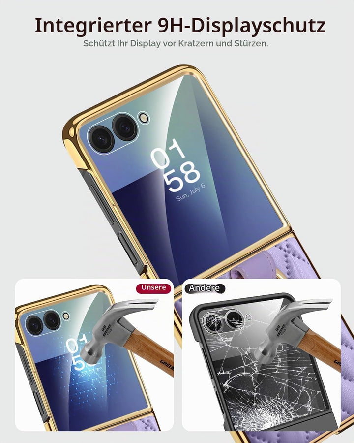 Miimall Lederhülle Kompatibel mit Samsung Galaxy Z Flip 7 Hülle mit Ring Ständer &amp; Kameraschutz [Lux