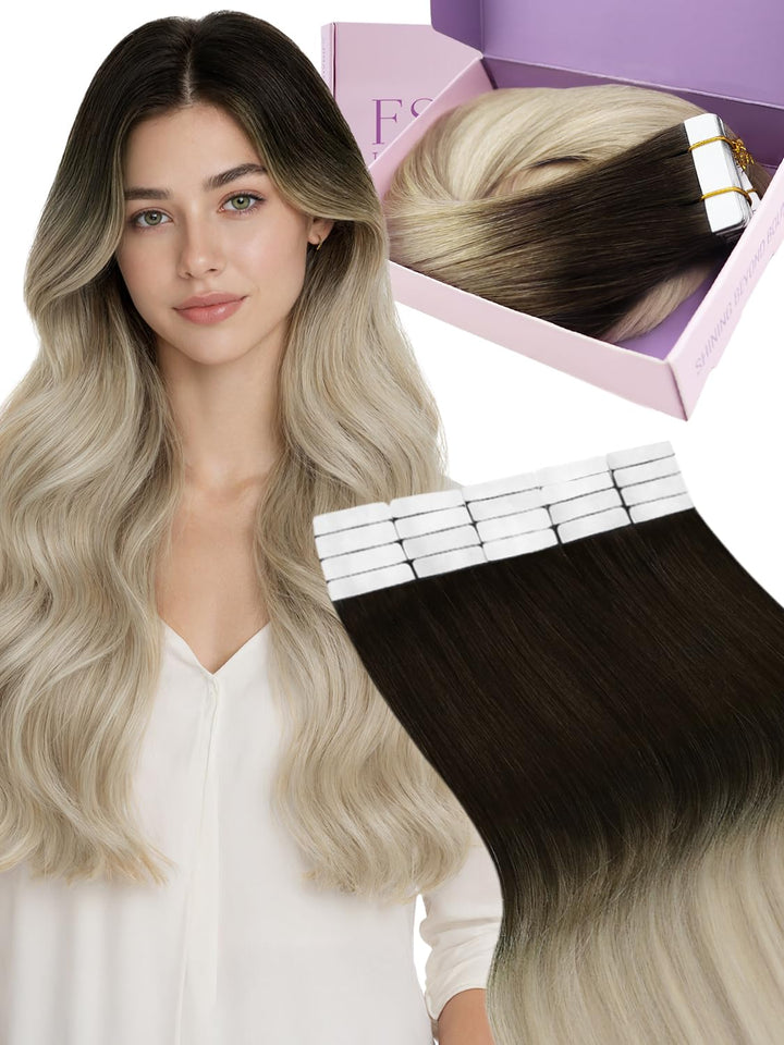 Fshine Invisible Tape in Extensions Echthaar 35cm 50g 20 Stücke Echthaar Extensions Tape in Dunkelbr