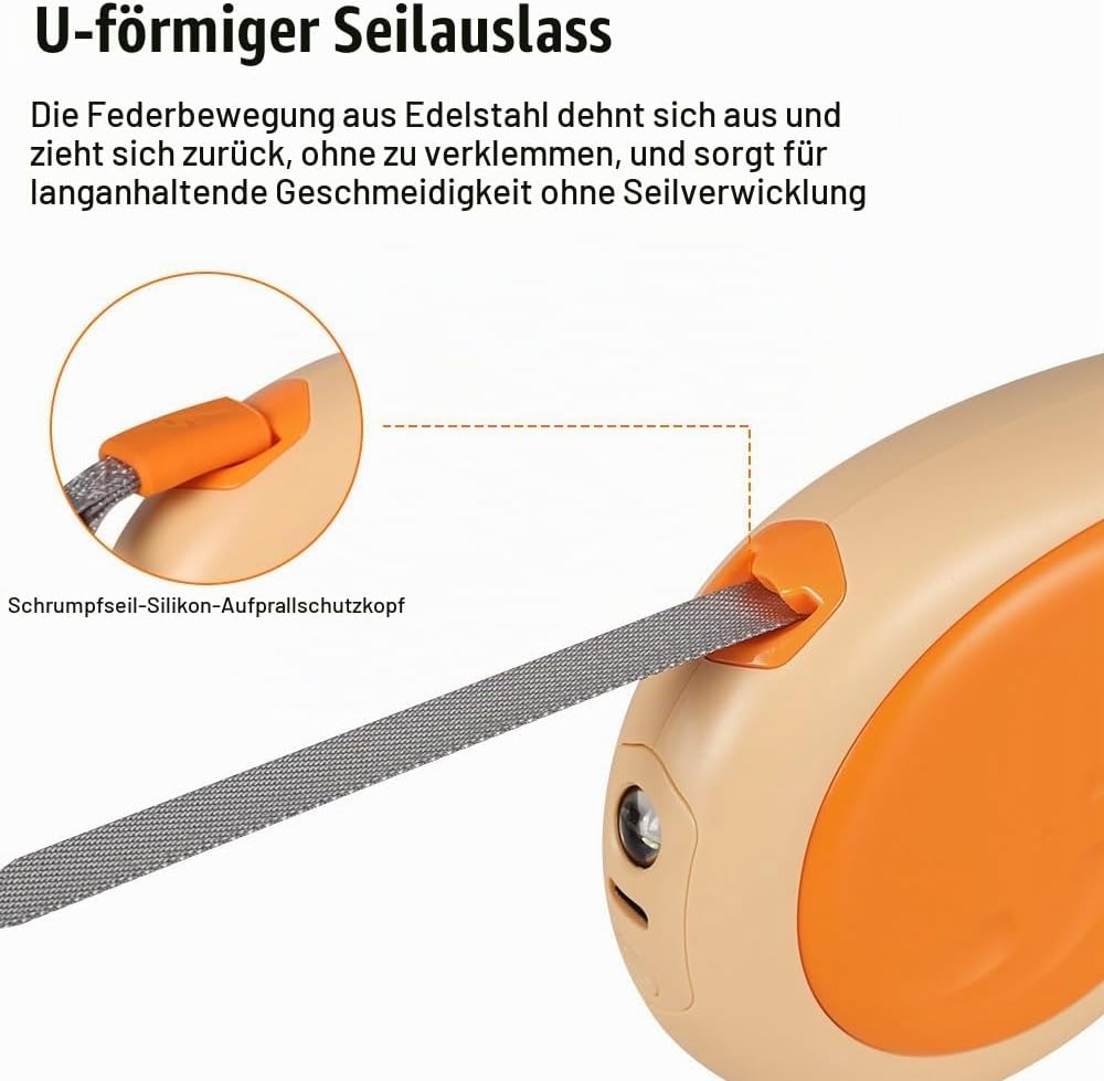 Einziehbare Hundeleine, 4,8m, Robuste Rollleine mit 360°-Drehhaken und LED-Licht, Haustier Leine für