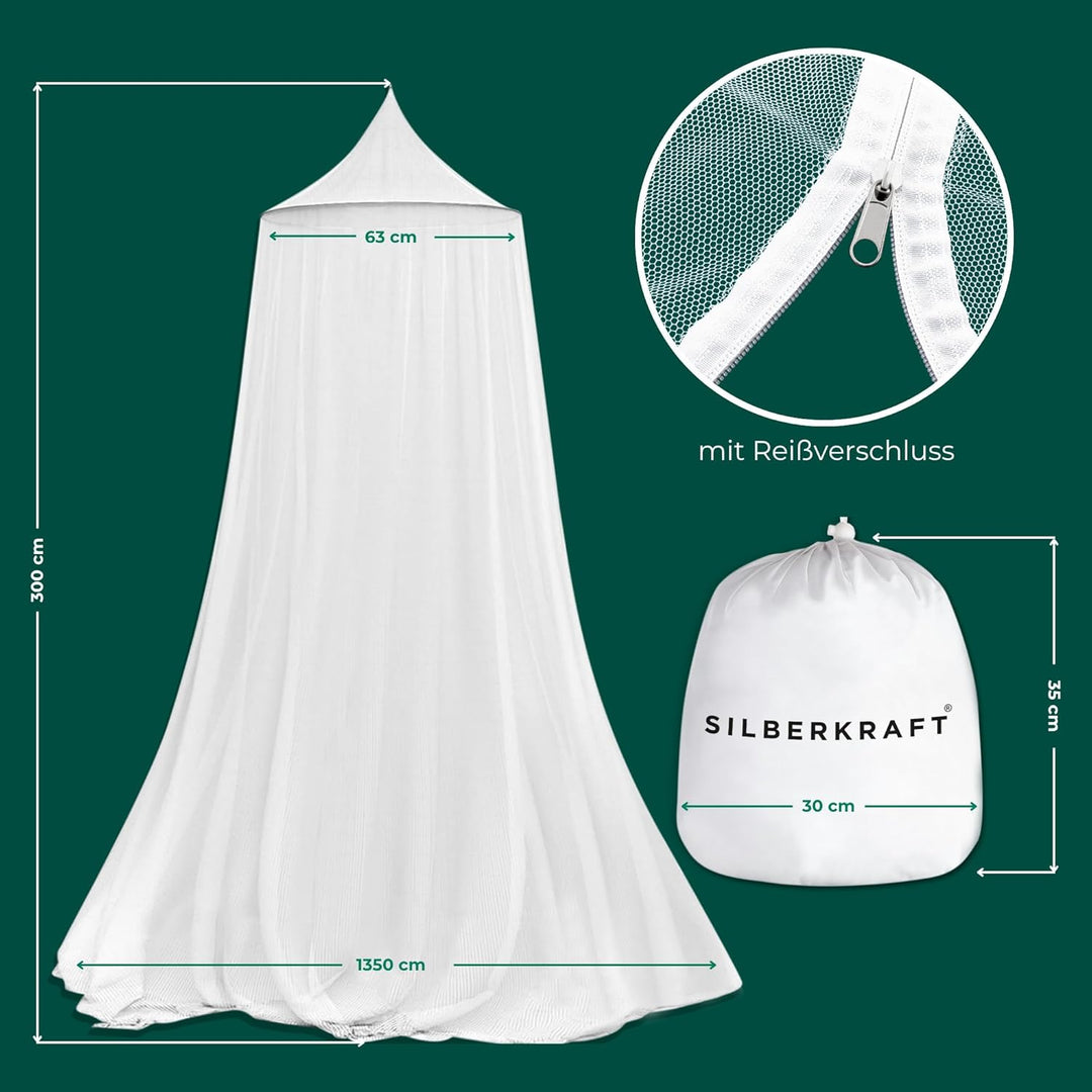 Silberkraft Premium Moskitonetz inklusive Klebehaken, XXL für Doppelbett, Betthimmel mit Reissversch