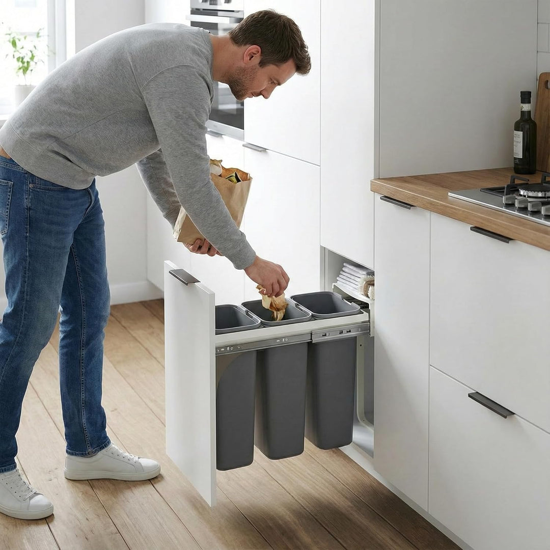 Einbau-Mülleimer für 30 cm Schrank 3-fach Abfallsystem mit Deckel Soft-Close & Vollauszug 26,4 x 50