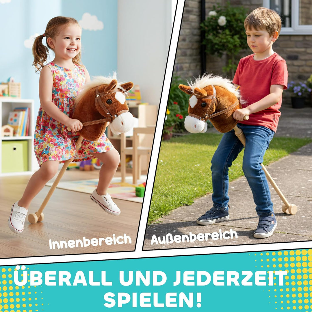 AIYAPLAY Hobby Horse Steckenpferd mit Sound, Griffe, Rolle, Holzstock, Hobby Horsing aus Polyester m
