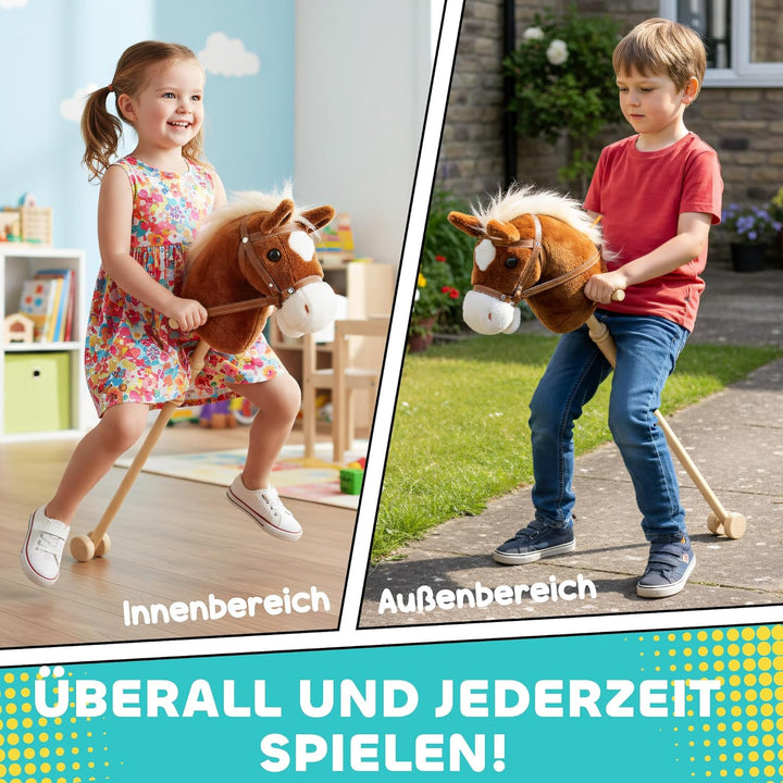 AIYAPLAY Hobby Horse Steckenpferd mit Sound, Griffe, Rolle, Holzstock, Hobby Horsing aus Polyester m
