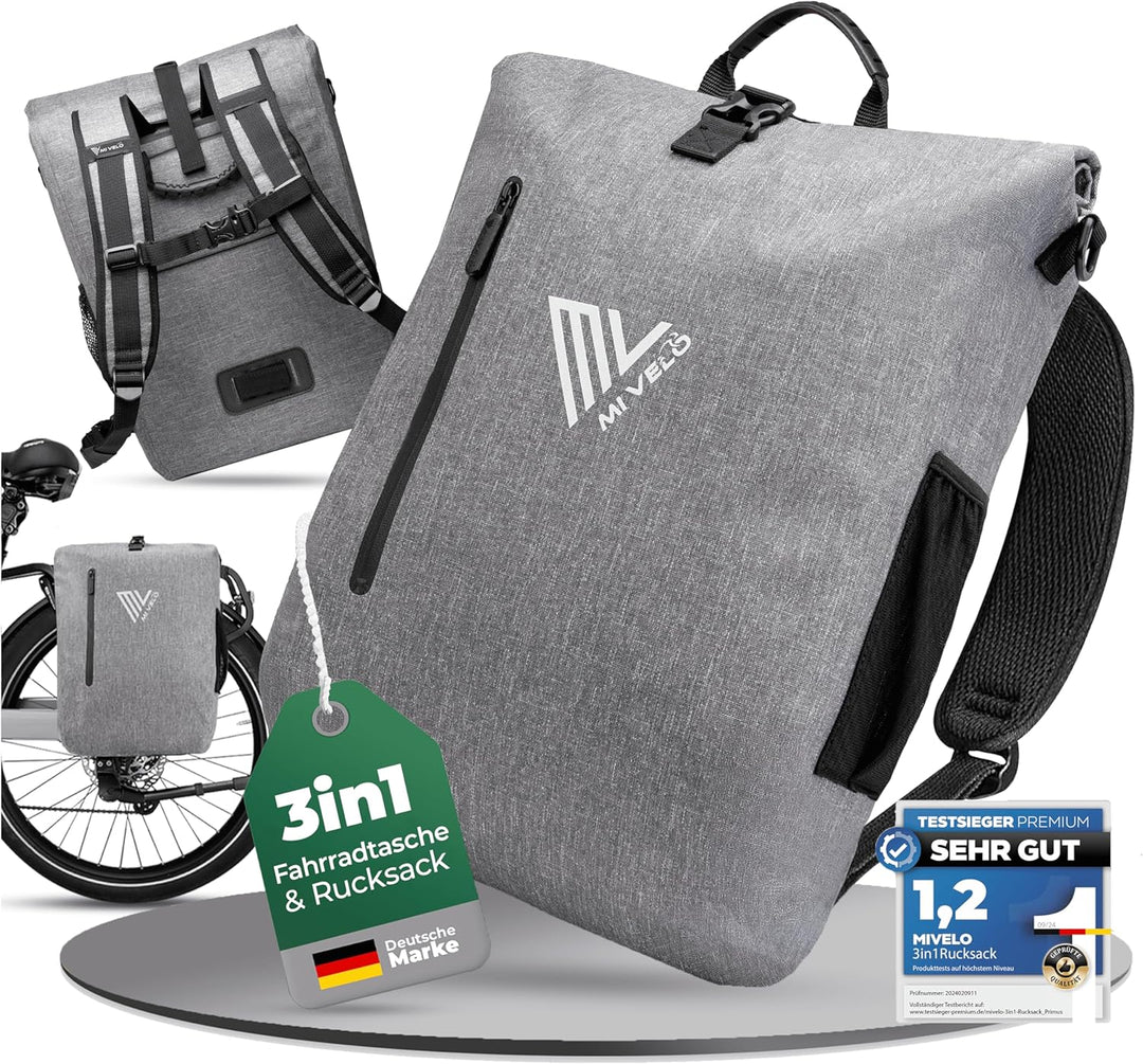 MIVELO - 3 in 1 Fahrradtasche - Rucksack - Schultertasche wasserdicht 100% PVC frei, mit Laptopfach