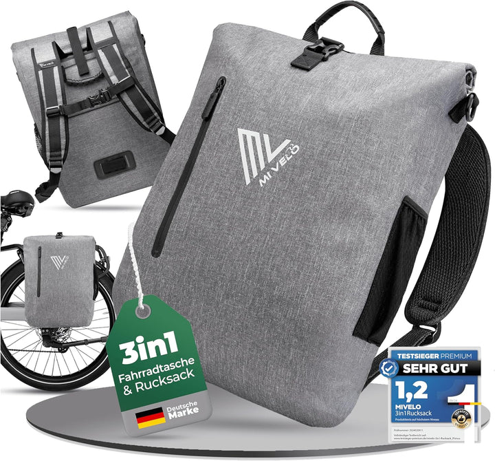 MIVELO - 3 in 1 Fahrradtasche - Rucksack - Schultertasche wasserdicht 100% PVC frei, mit Laptopfach