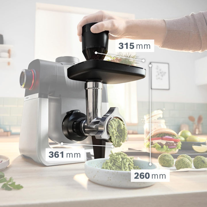 Bosch Zubehör MUZS6HA, Fleischwolf, Lochscheibe 8 mm, Lochscheibe 3 mm, Wurstfüller-Aufsatz, Kebbe-A