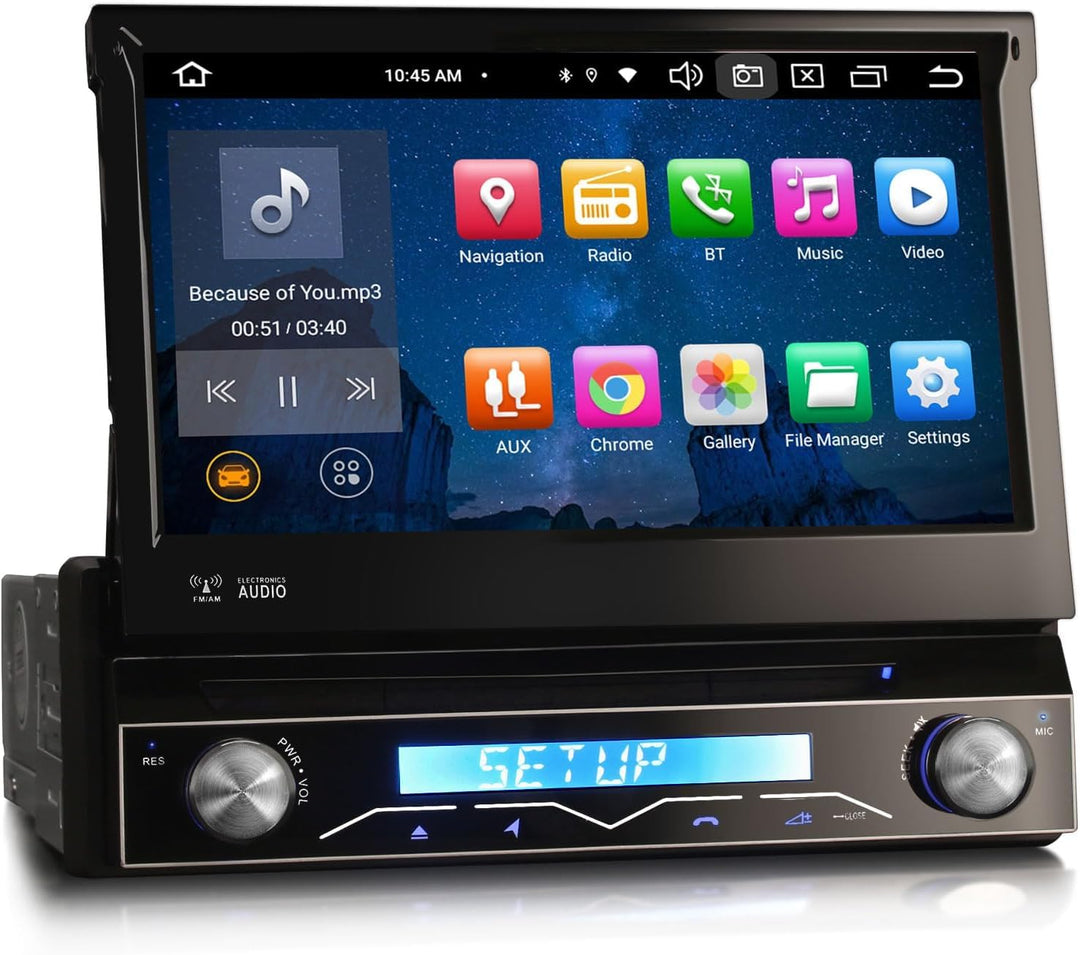 8-Kern Android 14 Universal Autoradio 1 Din GPS Navi mit 7" Einziehbarer Bildschirm Kabelloses Carpl
