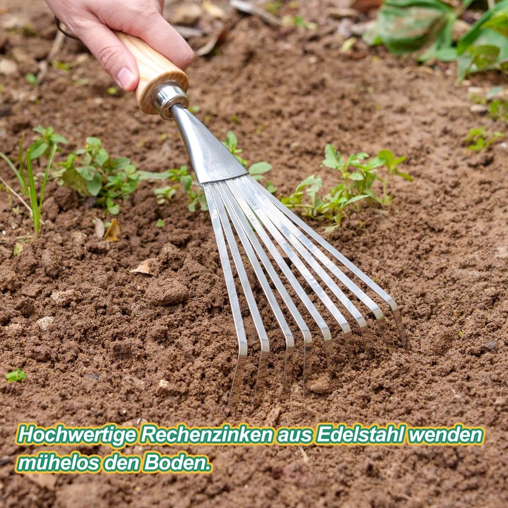Berry&Bird Hand-Fächerbesen 36,6 cm - Handrechen mit Stiel aus Eschenholz, Gartenwerkzeug mit 9 Flac