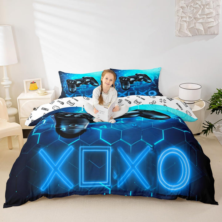 Homemissing Gaming Bettbezug für Kinder, Gamer, Blau, Videospiel, Bettwäsche, 200x200 cm, Spielekons