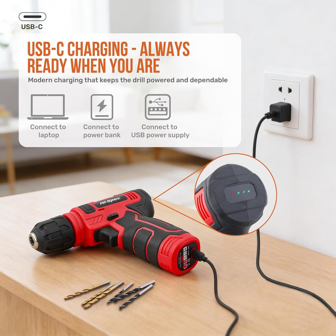 Hi-Spec 8V USB Akku-Bohrschrauber-Set mit Bohrerbits, Kabelloser & Wiederaufladbarer Elektroschraube