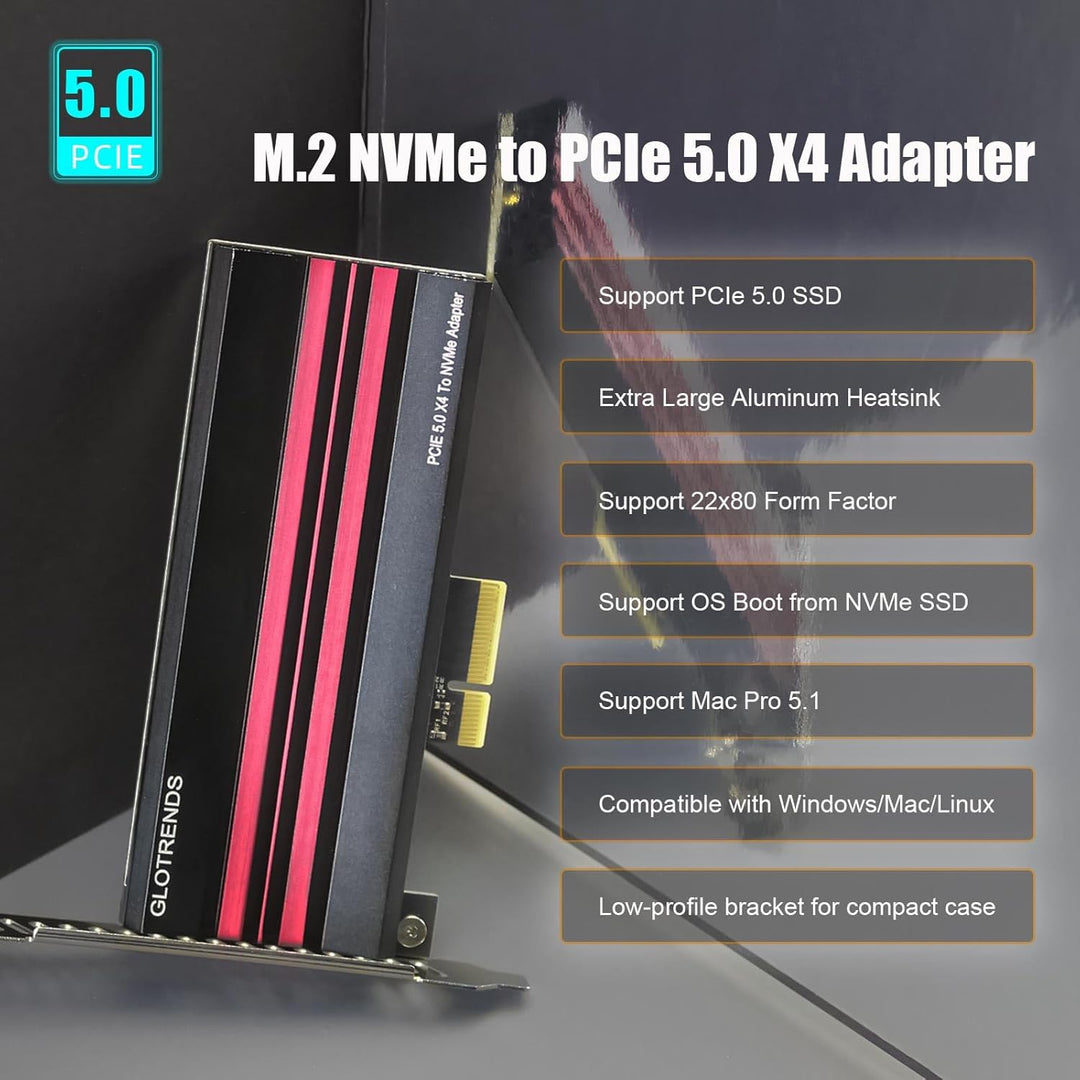 GLOTRENDS PA19 M.2 NVMe auf PCIe 5.0 X4 Adapter für M.2 NVMe SSD, grosse Aluminium-Kühlkörperabdecku