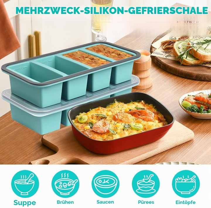 2Stück Suppen Einfrieren Behälter, Silikon Gefrierform Suppe mit Deckel 4 Gitter, 250ml Silikon Gefr