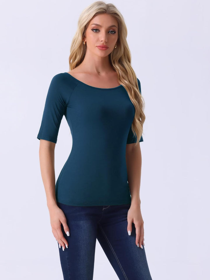 Allegra K Damen Ellbogenärmel Rundhals Slim Fit Bluse T-Shirt XS Dunkelblau, XS Dunkelblau