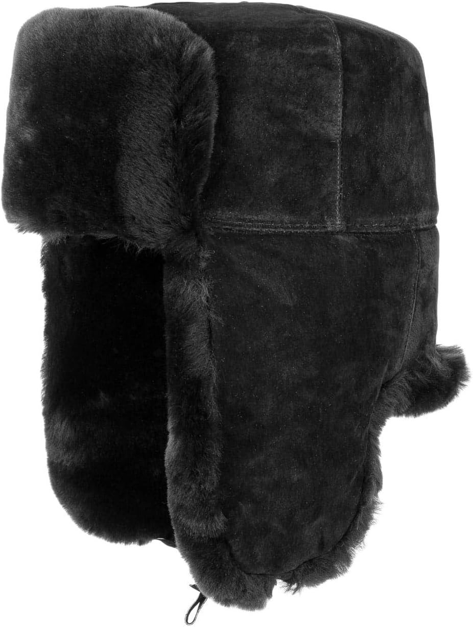 LIERYS Schiwago Pelzmütze Uschanka mit Steppfutter Russenmütze aus Leder Winter S-XXL M Schwarz, M S