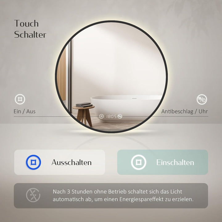 EMKE Badspiegel mit Beleuchtung rund 60 cm – Schwarzer Badezimmerspiegel mit Antibeschlag, Dimmbar,