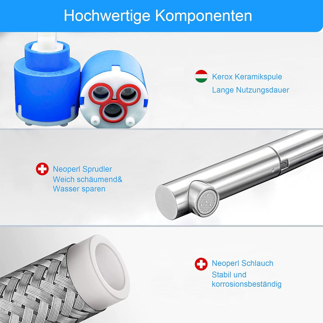 Edel & Bach hochwertiger Küchenarmatur, Wasserhahn aus SUS304 Edelstahl mit hohem Bogen, 360° schwen