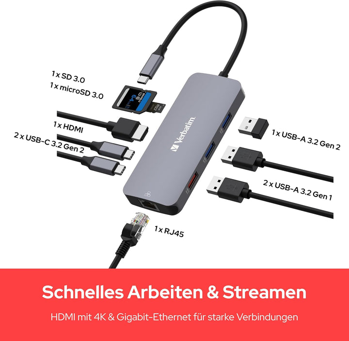 Verbatim USB C Hub 9-in-1, Multiport Adapter USB-C auf HDMI, RJ45, USBA-A und USB-C, mit SD Kartenle
