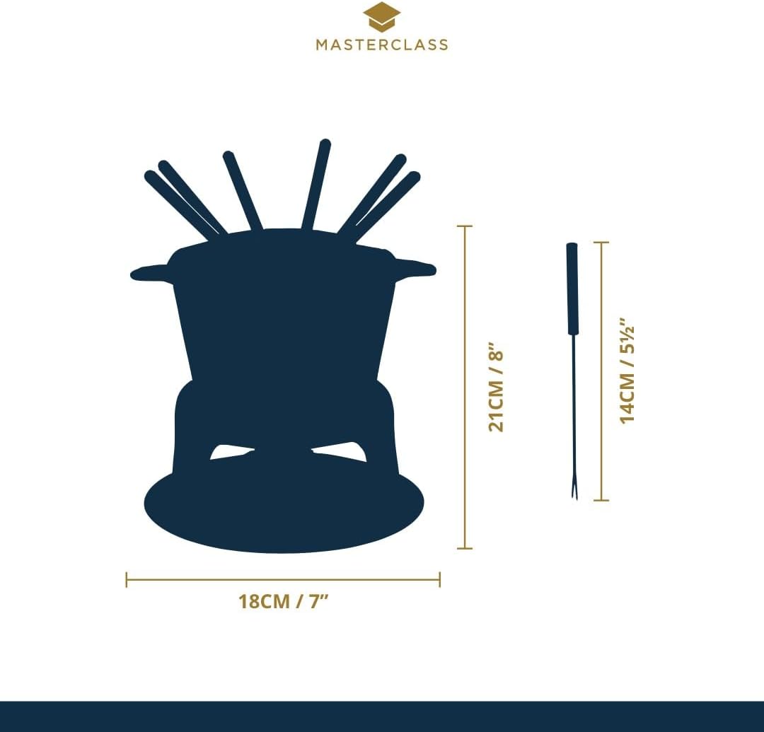 MasterClass Fleisch-/Käse-/Schokoladen-Fondue-Set aus Gusseisen, mit Sechs Edelstahlgabeln, 21 x 18