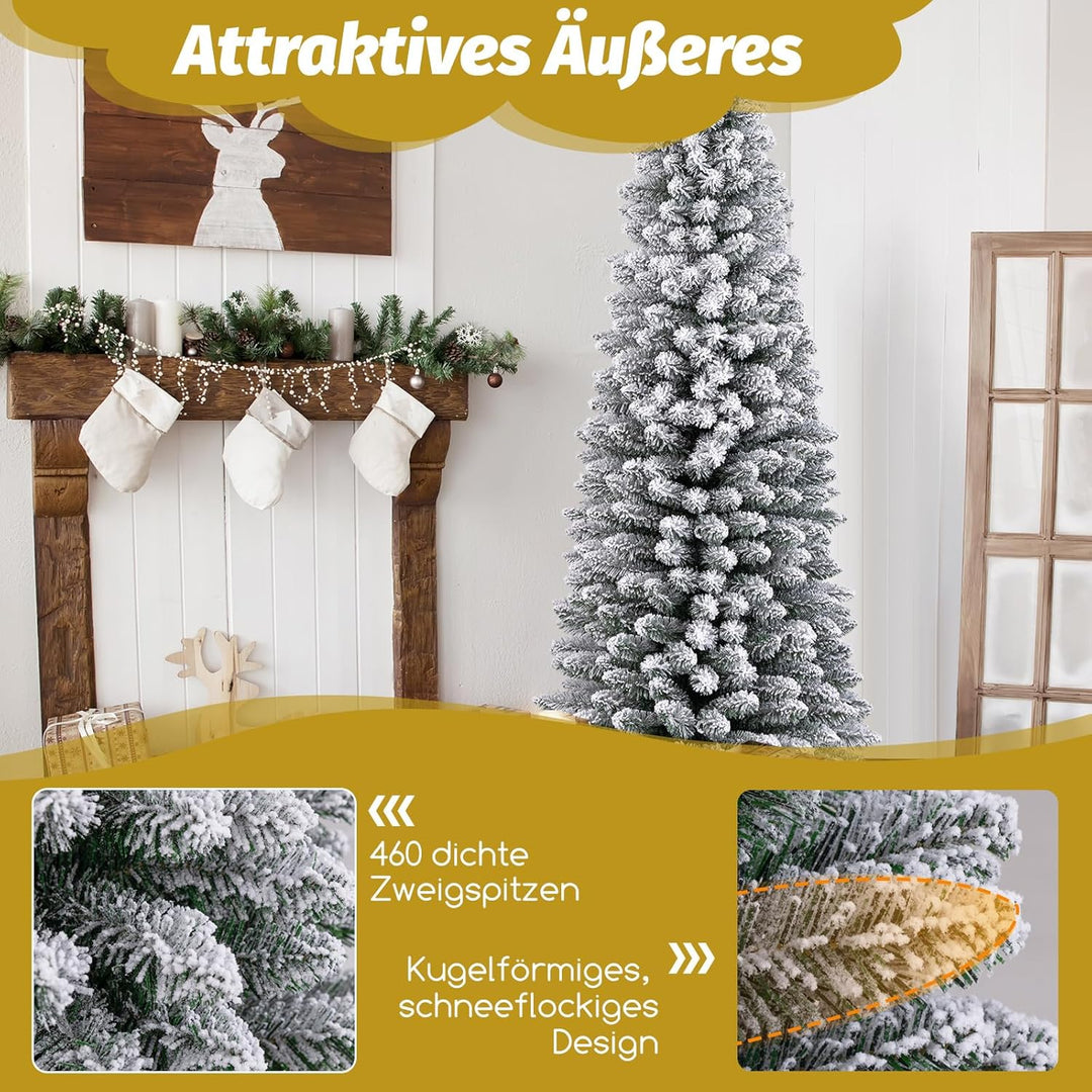 COSTWAY Künstlicher Weihnachtsbaum mit Schnee, 180 cm Bleistift Tannenbaum mit 460 Zweigspitzen & kl