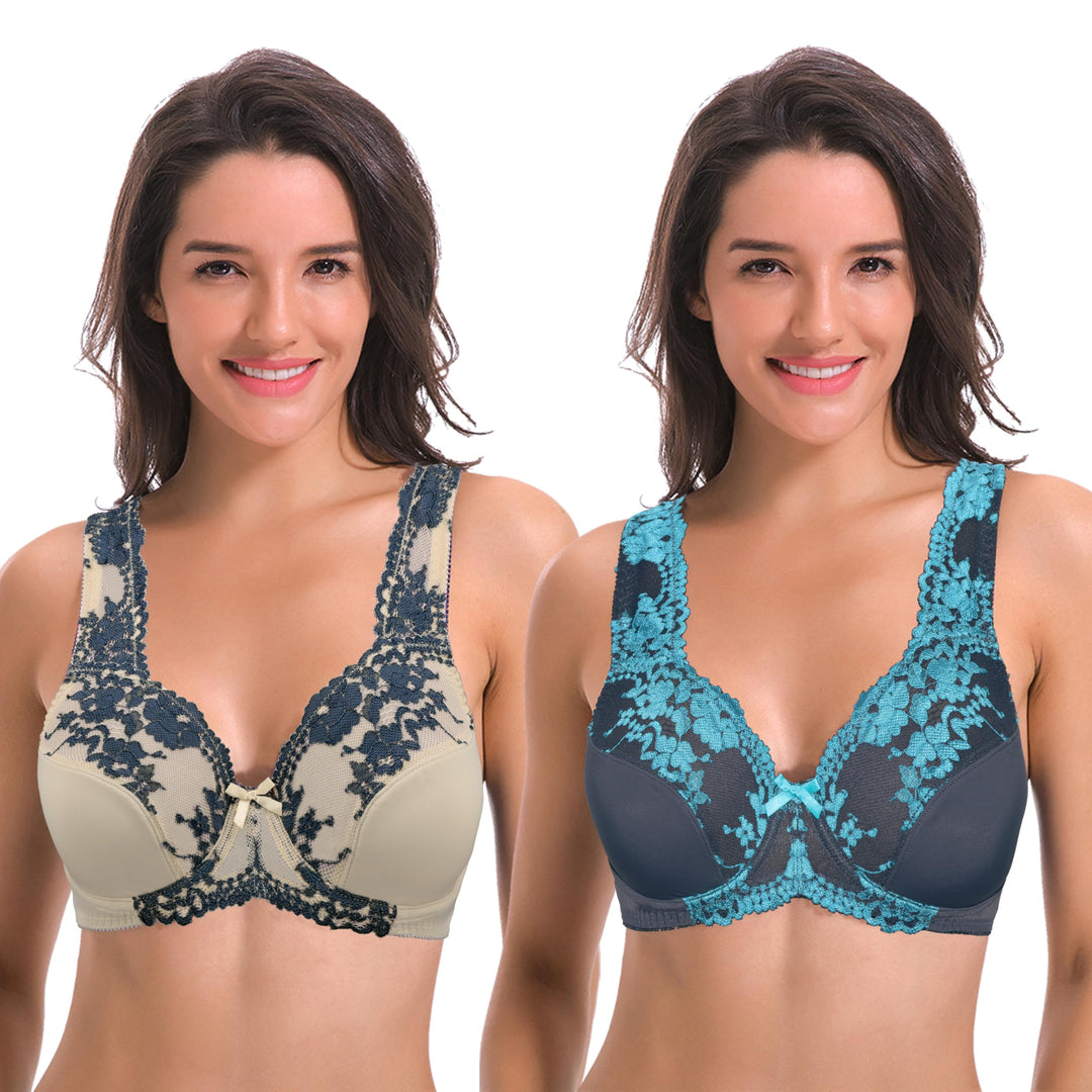 Curve Muse Damen Minimizer Ungefütterter Bügel-BH mit Spitzenstickerei - 2er Pack 75B Grau, Nackt(2e