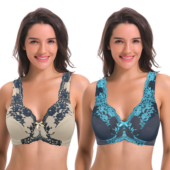 Curve Muse Damen Minimizer Ungefütterter Bügel-BH mit Spitzenstickerei - 2er Pack 75B Grau, Nackt(2e