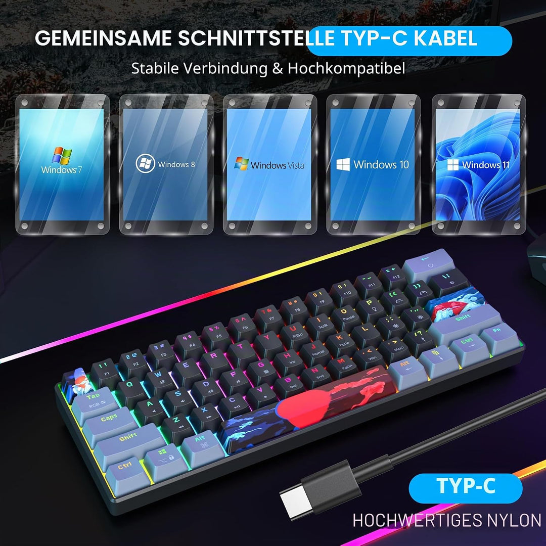 SOLIDEE Tragbare 60% mechanische Gaming-Tastatur,61 Tasten kompakte RGB Hintergrundbeleuchtung,kabel